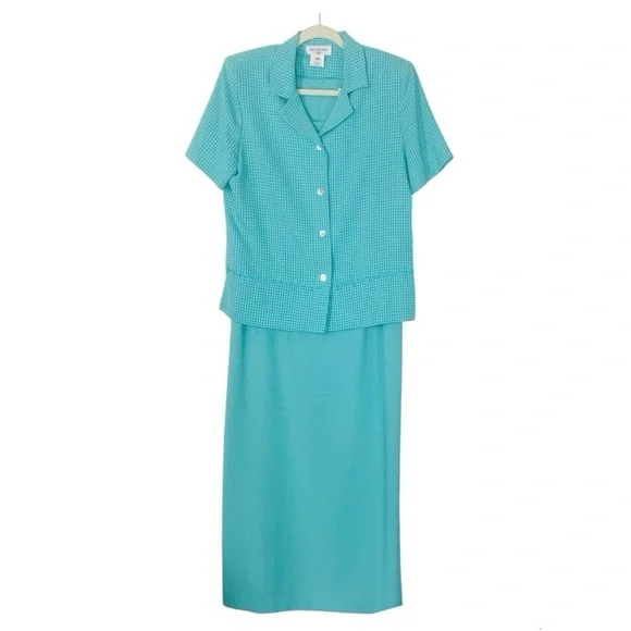 Miss Dorby Aqua and White Checked Short-Sleeved Jacket and Midi Dress Set 10P - Picture 3 of 15